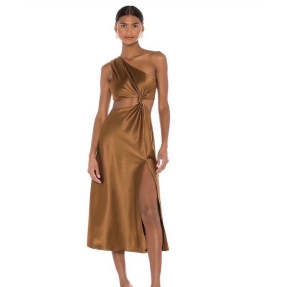 LPA Imani Dress Brown Open Back Cutout Midi Women L Revolve Satin Evening Party